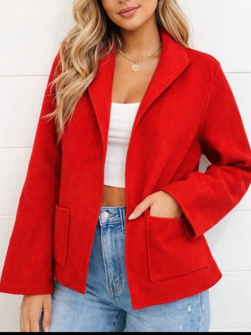 Eileen Fisher Women's Red Wool Blend Open Style Blazer Jacket Large 46507